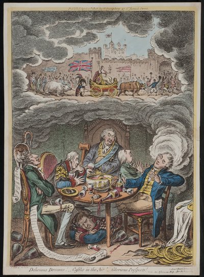 Sogni deliziosi! Castelli in aria! Prospettive gloriose! vide Un pisolino pomeridiano dopo la fatica di una cena ufficiale da James Gillray